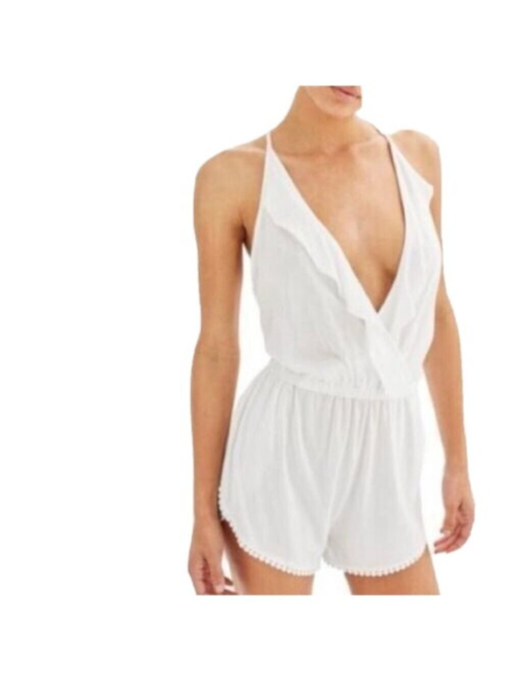 Topshop Women’s White Jersey Ruffled Crochet Trim Wrap Romper Cover Up Size M